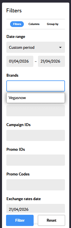Select brand in Filters tab